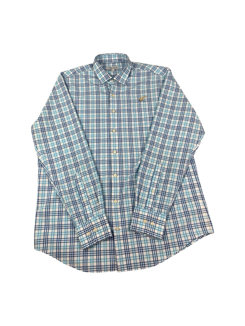 Peter Millar LS Button Down Shirt, Summer Comfort, Blue Plaid, Men's Size Large